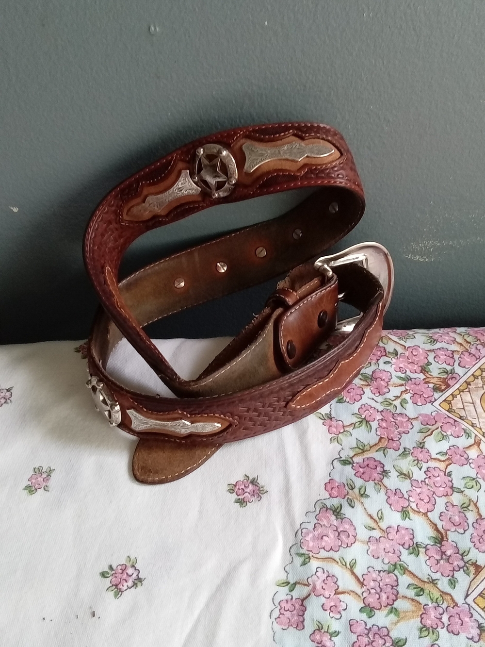 Western Brown‎ Leather Basketweave Belt with Silver Texas Star Conchos